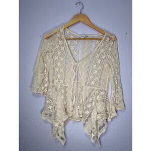 Haute Monde Boho Lace Cardigan Cream Sheer Floral Tie Front Handkerchief Hem S